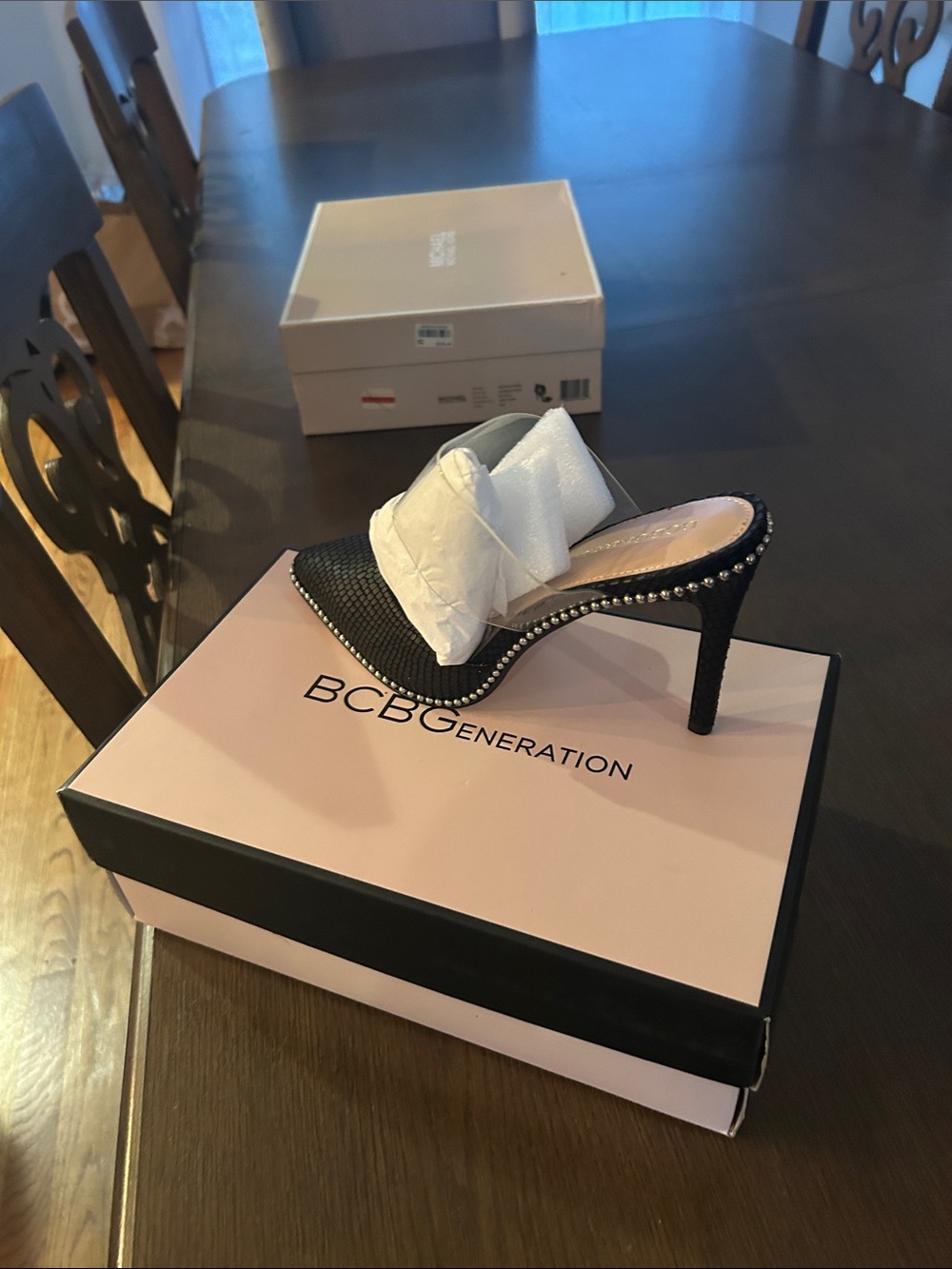 BCBGeneration Black Rhinestone Trim Stiletto Mule